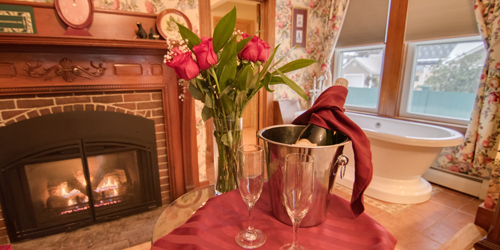 Fireplace Room & Roses - Woodstock Inn, Station & Brewery - North Woodstock, NH