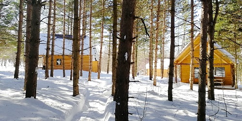 Winter Cabin Front View - Huttopia White Mountains - Albany, NH